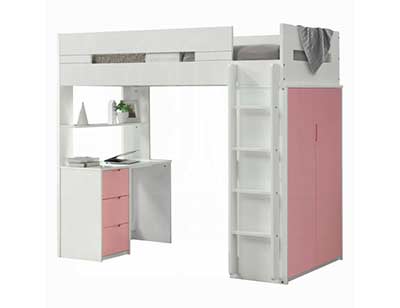 Loft Bed with Desk and Wardrobe in Pink Nerice by ACME