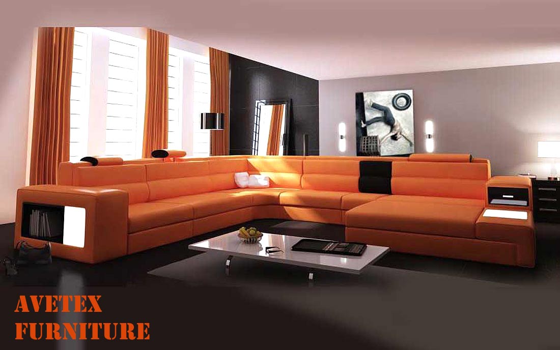Polaris Orange Leather Sofa, Orange Leather Sectional Sofa