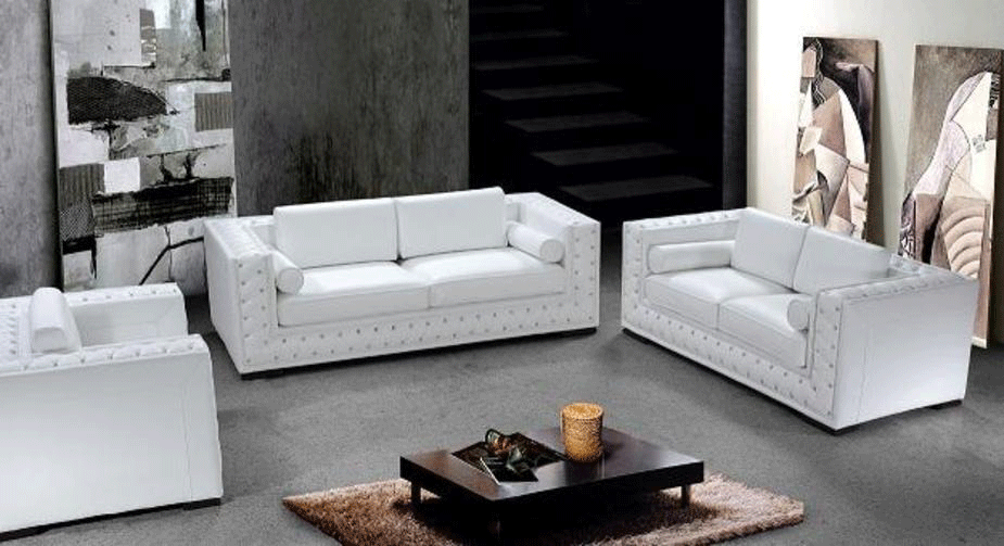 White Leather Sofa Set With Crystals He, Modern White Leather Couch Set