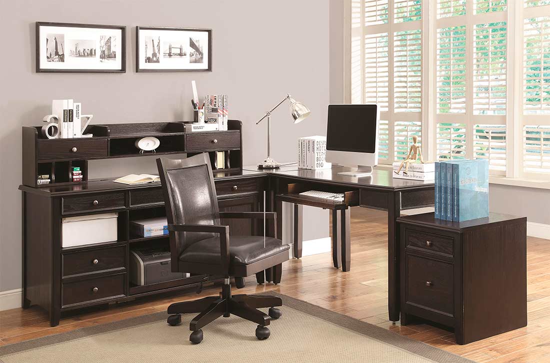 Dark Brown L Shaped Home Office Desk with Keyboard Tray