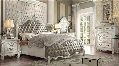 Gray Leatherette White Bone Sleigh Bed AC Chatueau