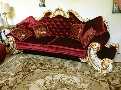 Red Velure & Gold Leaf Classic Unique Sofa