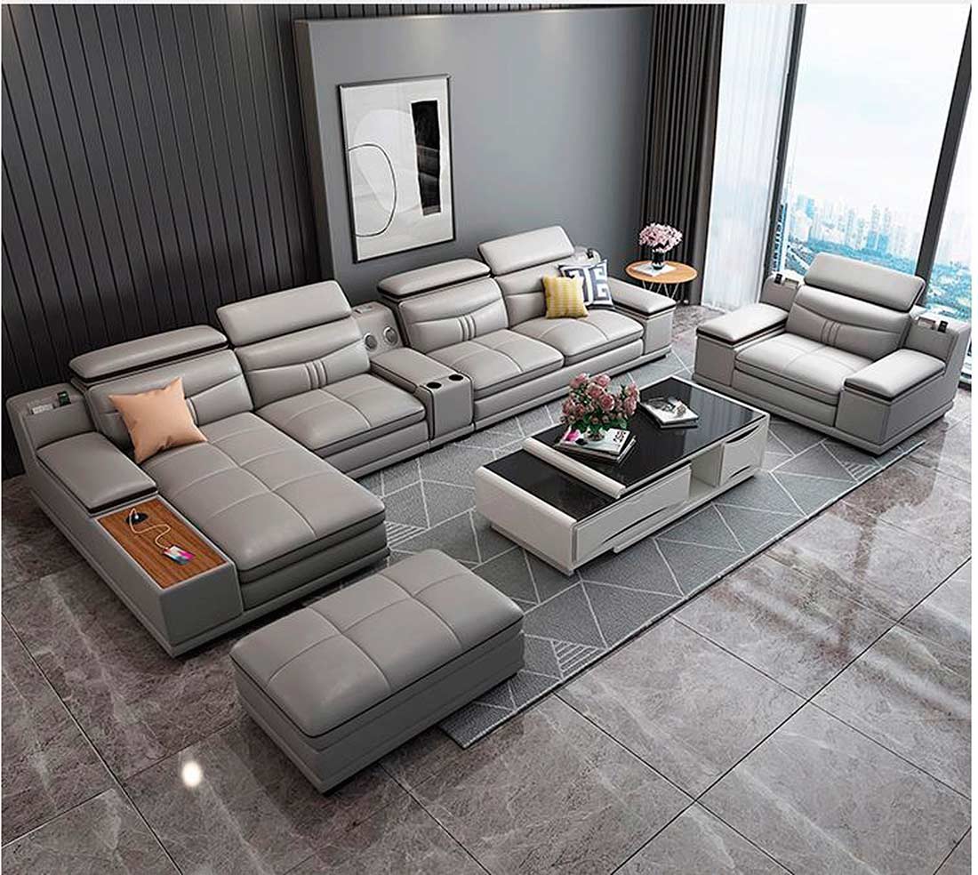 Modern Sectional Leather Light Gray Convertible Ef 08 